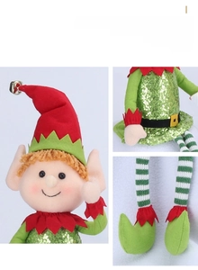 Detailed views of 65cm Christmas elf doll featuring sequins and striped long legs