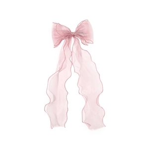 Elegant pink organza bow hair clip with long fluttering ribbons on white background