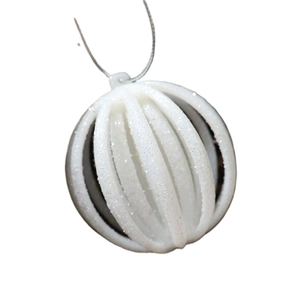 White hollow vertical stripe Christmas ball ornament with silver glitter and hanging cord