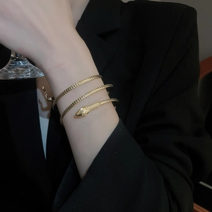 Detail of a golden serpent-style wrap bracelet featuring intricate snake scale textures