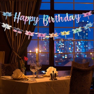 Rainbow Happy Birthday banner with colorful dragonflies hanging by a window for party decor
