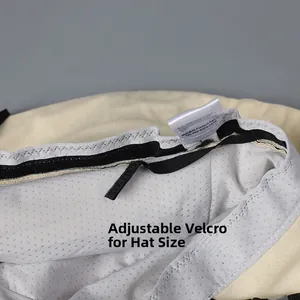 Detail of adjustable velcro strap and breathable mesh lining inside the sun hat