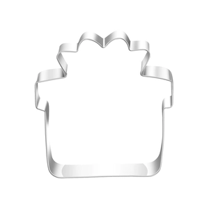 Macro detail of silver stainless steel gift box shaped cookie cutter with sharp edges