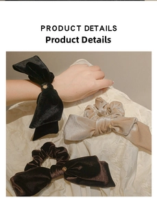 Detail of velvet bow scrunchies in black, beige, and coffee with metal studio tags