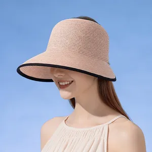 Damen Stroh Sonnenhut mit breiter Krempe und schwarzem Kontrastrand für Sommer Strand