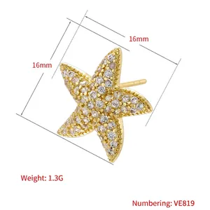 Starfish shaped stud earrings in gold finish with sparkling cubic zirconia pavé setting