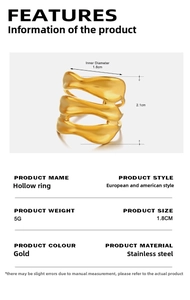 Detailed view of hollow-out golden stainless steel ring with size and weight specs