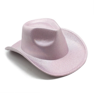 Detailed view of pink metallic cowboy hat with shimmering holographic grid texture