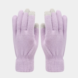 Detail of lavender knit gloves with three-finger touchscreen compatible conductive tips