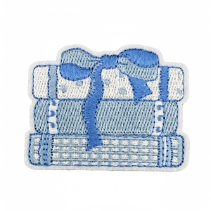 Blue and white stacked gift boxes embroidered patch with a delicate bow decoration