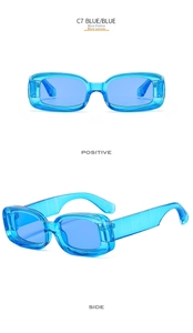Front and side view of retro rectangular thick blue sunglasses with blue lenses