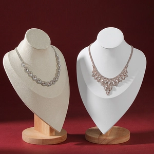 Solid wood necklace display bust stands with premium beige fabric and white leather finishes
