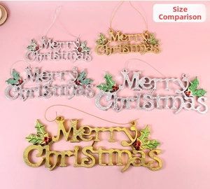 Size comparison of gold and silver Merry Christmas hanging ornaments with holly berry detail