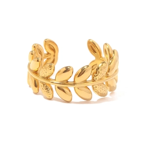 Polished gold olive branch open ring with intricate leaf details and adjustable band