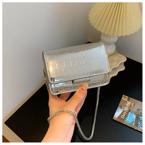 Detailed close-up of silver crocodile embossed mini square bag with metallic chain strap