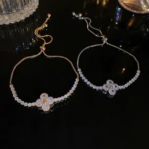 Kleeblatt Armband Kupfer Echtgold Vergoldet Zirkon Verstellbare Schiebekette Modeschmuck Damen Eleganz