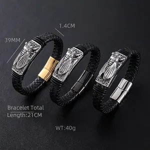 Mens Braided Leather Bracelet With 304 Stainless Steel Cicada Insect Charm Vintage Punk Style Magnetic Clasp