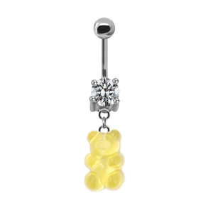 Detail view of a silver belly ring with round zircon and a yellow resin gummy bear charm