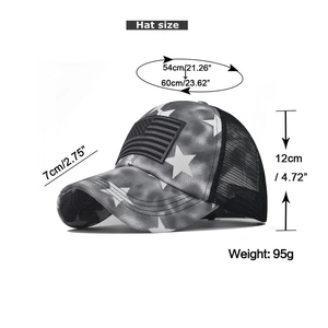 Detailed size chart of distressed ponytail baseball cap with star pattern and flag patch