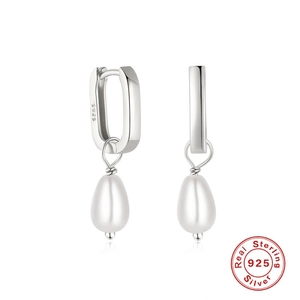 S925 Sterling Silver U-Shape Hoop Earrings with Elegant White Teardrop Pearl Pendants