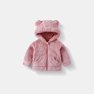 Detail of soft pink fleece hoodie with bear ears and smooth zipper closure for kids