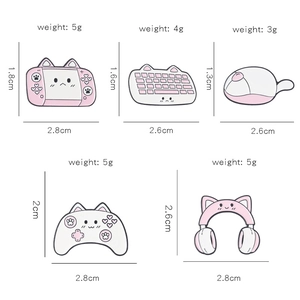 Detailed view of pink game console badges with specific size and weight labels