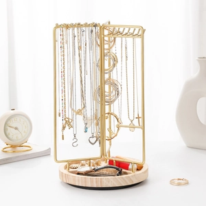 Rotating Jewelry Display Stand Metal Iron Wood Storage Rack Multi Tier Necklace Hooks Earring Holes Desktop Organizer