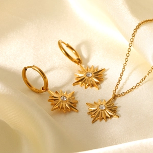 Stainless Steel Eight Pointed Star Pendant Necklace And Earrings Set With Zircon 18K Gold Plated For Women Ins Style