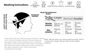 Linen fedora hat size chart with detailed head circumference measurements and care icons