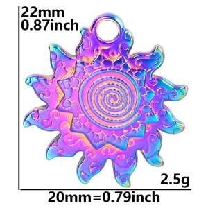 Macro view of sun-shaped rainbow pendant with detailed 22mm height and 20mm width specs