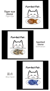 Detailed comparison of fish-shaped tiger eye and agate stones on cat illustration cards