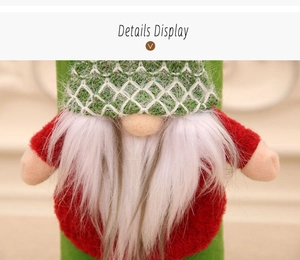 Close-up of a Christmas gnome bottle cover with green knit hat and white plush beard