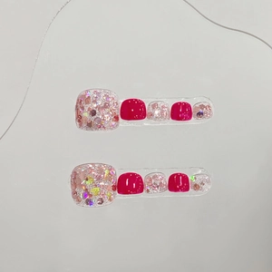 Faux ongles d'orteils faits main en magenta et paillettes argentées, fini brillant