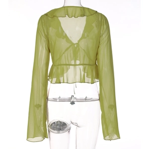 Back view of green sheer chiffon top with ruffle edges and lightweight cropped design