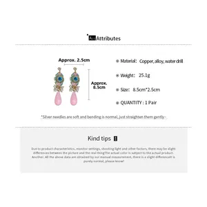 Pink teardrop earrings with crystals and pearls, measuring 8.5cm by 2.5cm size details