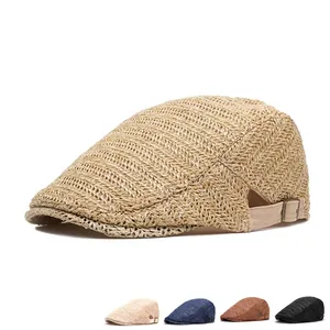 Men Vintage Beret Flat Cap Breathable Straw Weave Mesh Sunshade British Retro Style Adjustable Metal Buckle Casual