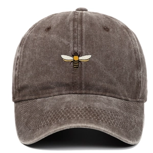 Vintage washed dark brown baseball cap with embroidered bee design for outdoor use