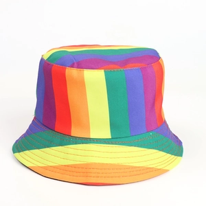 Close-up of rainbow striped fisherman hat showing reinforced brim stitching and canvas fabric