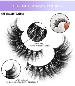Detail of multi-level curly cat-eye false eyelashes with a thin transparent stem for 3D look