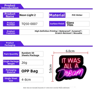 Waterproof neon graffiti stickers detail showing PVC material and 4-8cm size dimensions