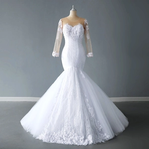 Mermaid Wedding Dress Long Sleeves Lace Sequin Bead Elegant White Bridal Gown Illusion Neckline With Sweep Train