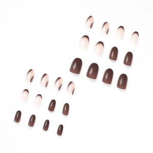 Brown and nude almond press-on nails set with minimalist French design and glossy finish