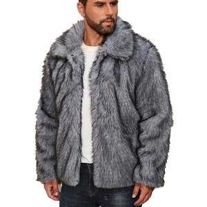 Men's stylish grey faux fur jacket with lapel collar and soft fluffy texture on white backdrop