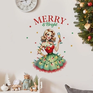 Christmas Wall Stickers PVC Waterproof Merry And Bright Vintage Girl Decor For Glass Door Living Room Bedroom