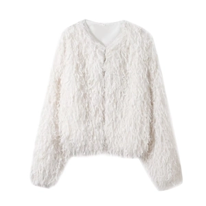Women's white long sleeve jacket with fringe tassel texture and round neck design