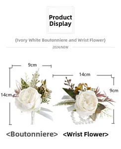 Detailed set of ivory artificial flower boutonniere and wrist corsage with pearls