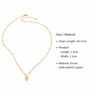 Size chart showing 44+5cm gold chain and 1.5x1.1cm heart pendant with zircon