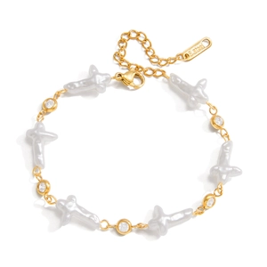 Bracciale in acciaio inossidabile placcato oro 18K con perle a croce e zirconi