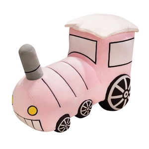 Pink plush steam train toy for babies with cartoon design and soft polyester stuffing