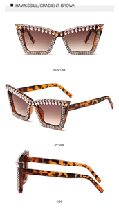Detail of tortoiseshell cat-eye sunglasses with gradient brown lenses and pearl rhinestones
